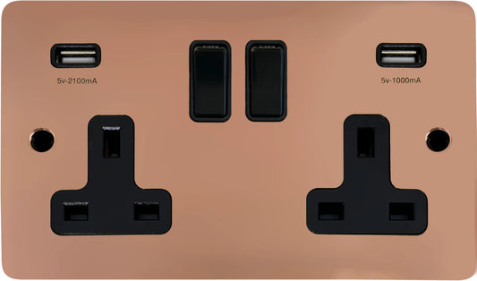 Flat Bright Copper  2 Gang Socket with USB