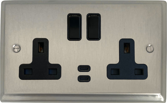 Deco  Satin Nickel 2 Gang Socket with USBC