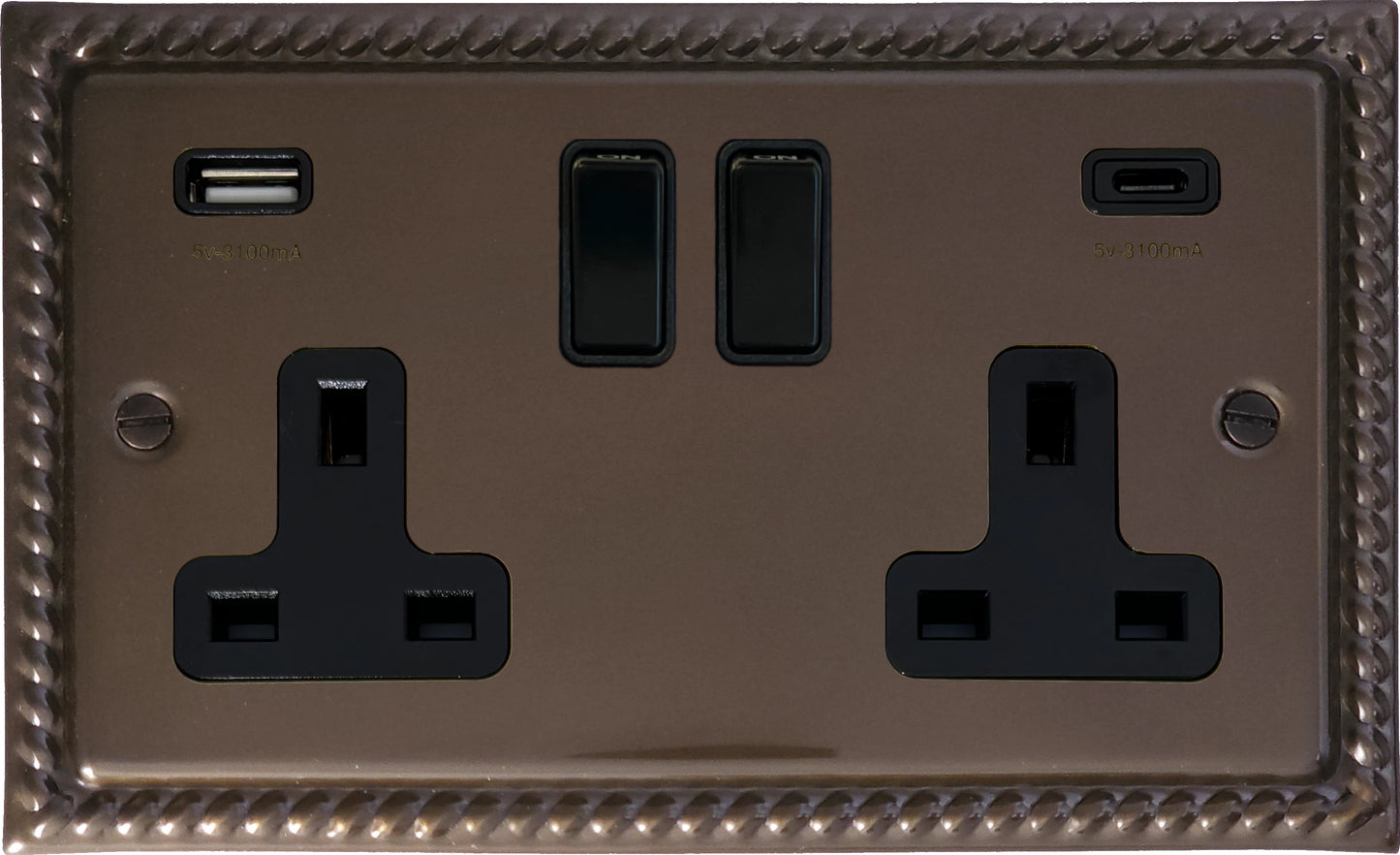 Georgian  Medium Bronze  2 Gang Socket with USBC