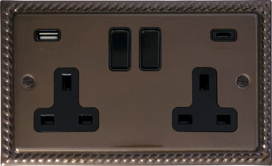 Georgian  Medium Bronze  2 Gang Socket with USBC
