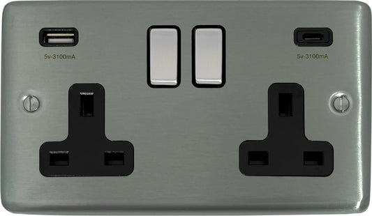 Contour Brushed Steel 2 Gang Socket + USBC