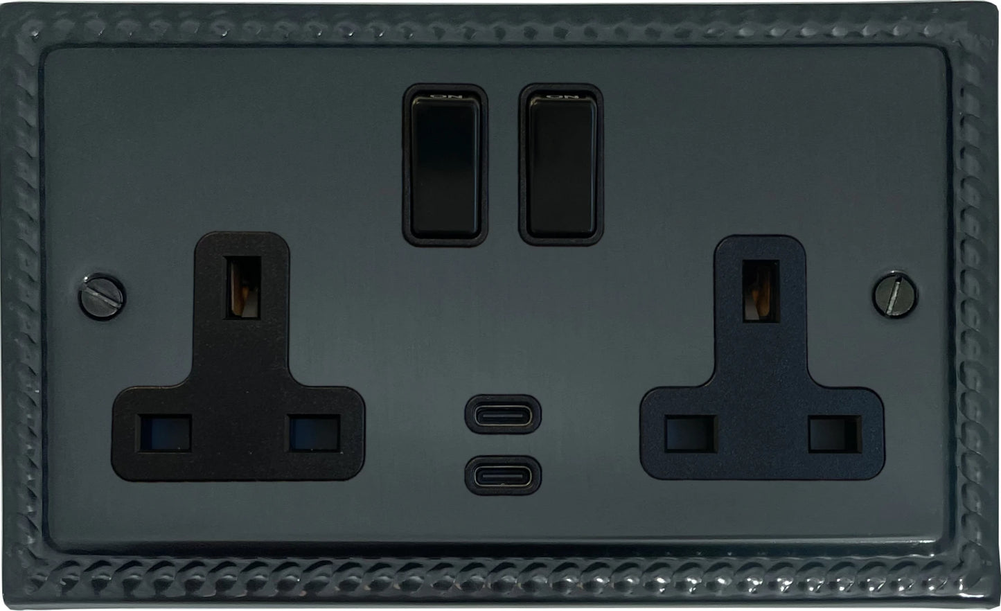 Georgian Black Bronze 2 Gang Socket with USBC (Black Switches)
