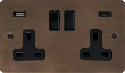 Flat  Medium Bronze  2 Gang Socket with USBC