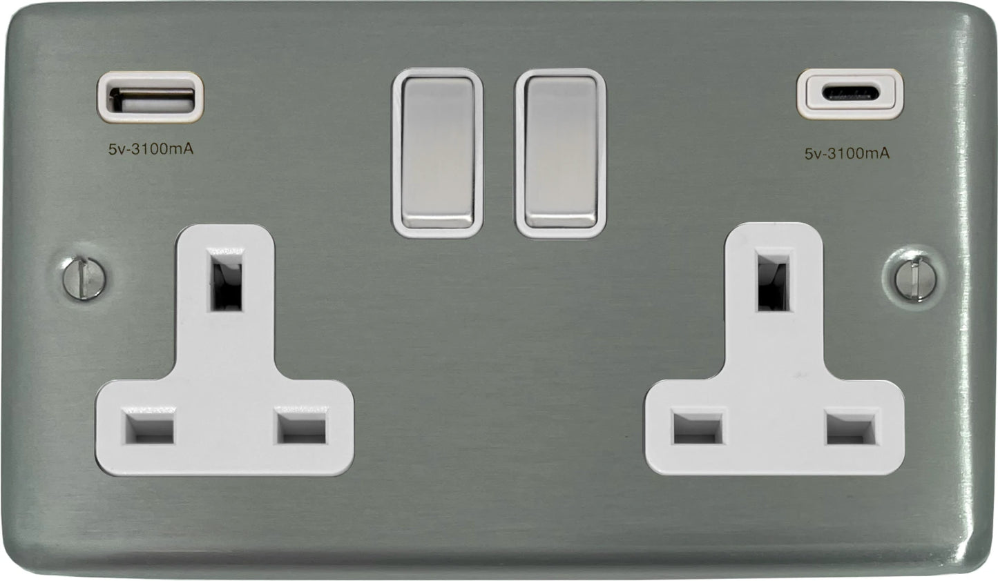 Contour Brushed Steel 2 Gang Socket + USBC