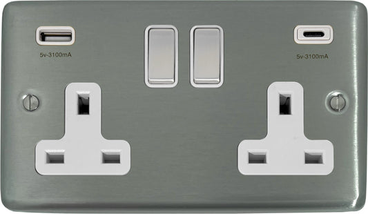 Contour Brushed Steel 2 Gang Socket + USBC