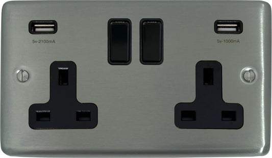 Contour  Brushed Steel  2 Gang Socket with USB