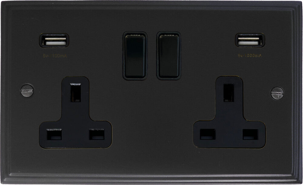 Victorian  Flat Black  2 Gang Socket with USB
