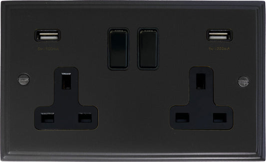 Victorian  Flat Black  2 Gang Socket with USB
