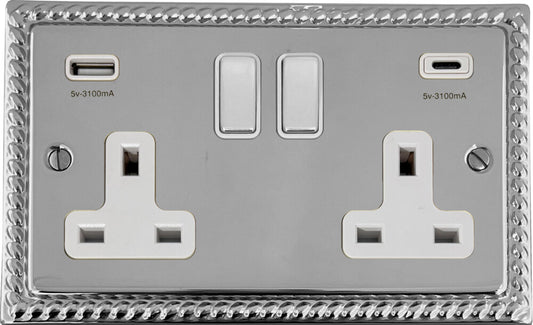 Georgian Polished Chrome 2 Gang Socket C/W USBC Ports