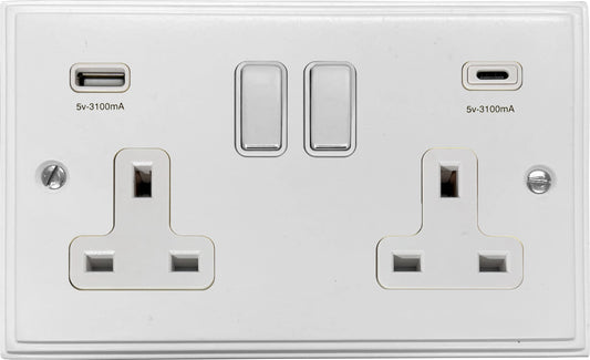 Victorian Flat White 2 Gang Socket C/W USBC Ports (White Insert, Polished Chrome Toggle)