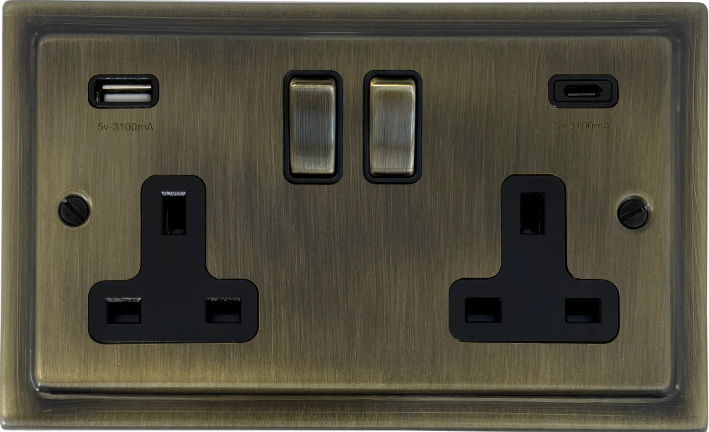 Victorian Antique Brass 2 Gang USBC Socket (Brass Switches)