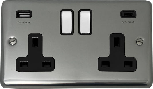 Contour Polished Steel 2 Gang Socket + USBC