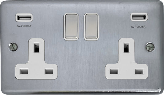 Contour Satin Chrome 2 Gang Socket C/W Usb Ports