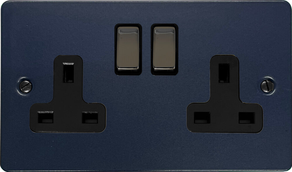 Flat Blue  2 Gang Socket (Black Nickel Switches/Black Inserts)