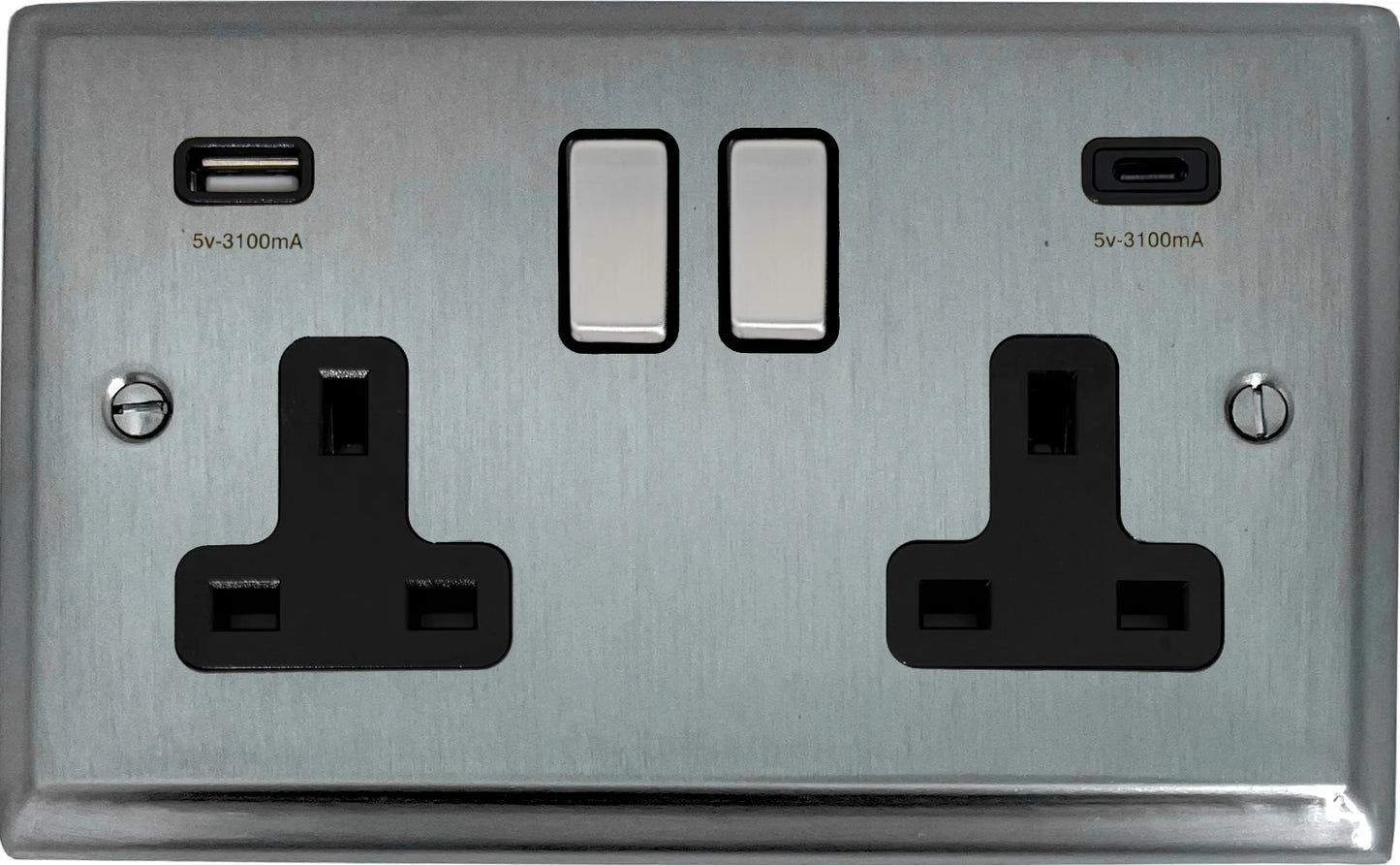 Deco Satin Chrome 2 Gang Socket C/W USBC Ports