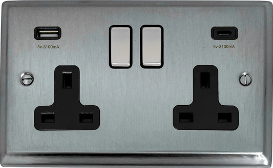 Deco Satin Chrome 2 Gang Socket C/W USBC Ports