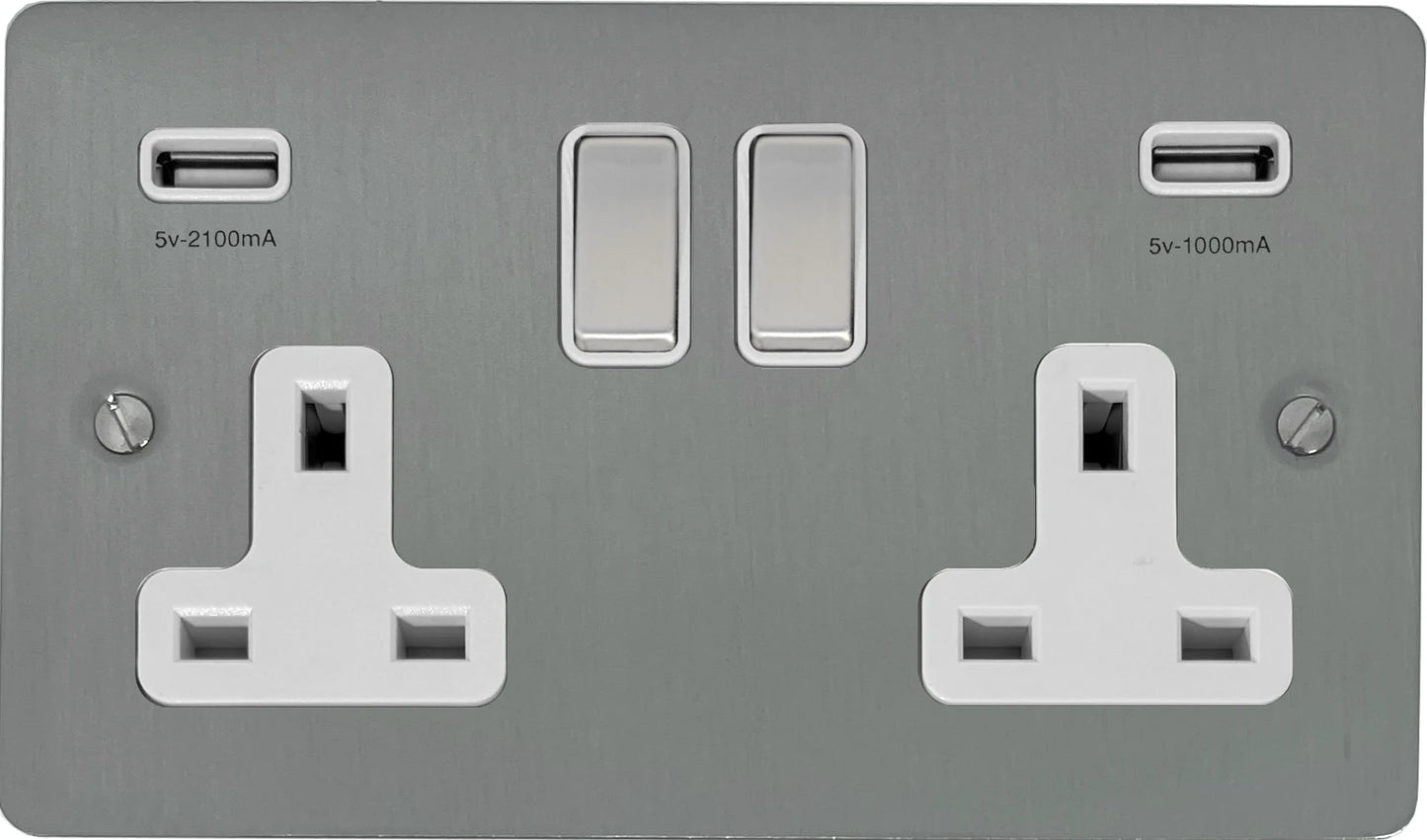 Flat Brushed Steel 2 Gang Usb Socket