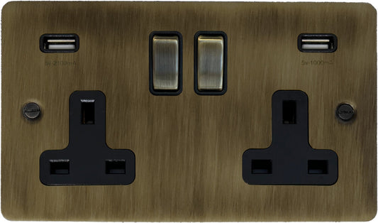 Flat Antique Brass 2 Gang USB Socket with USB (Brass Switches)