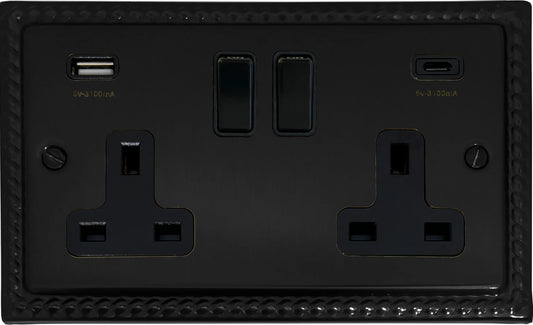 Monarch Flat Black  2 Gang Socket with USBC