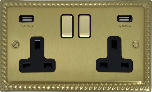 Georgian Satin Brass 2 Gang Socket C/W Usb Ports