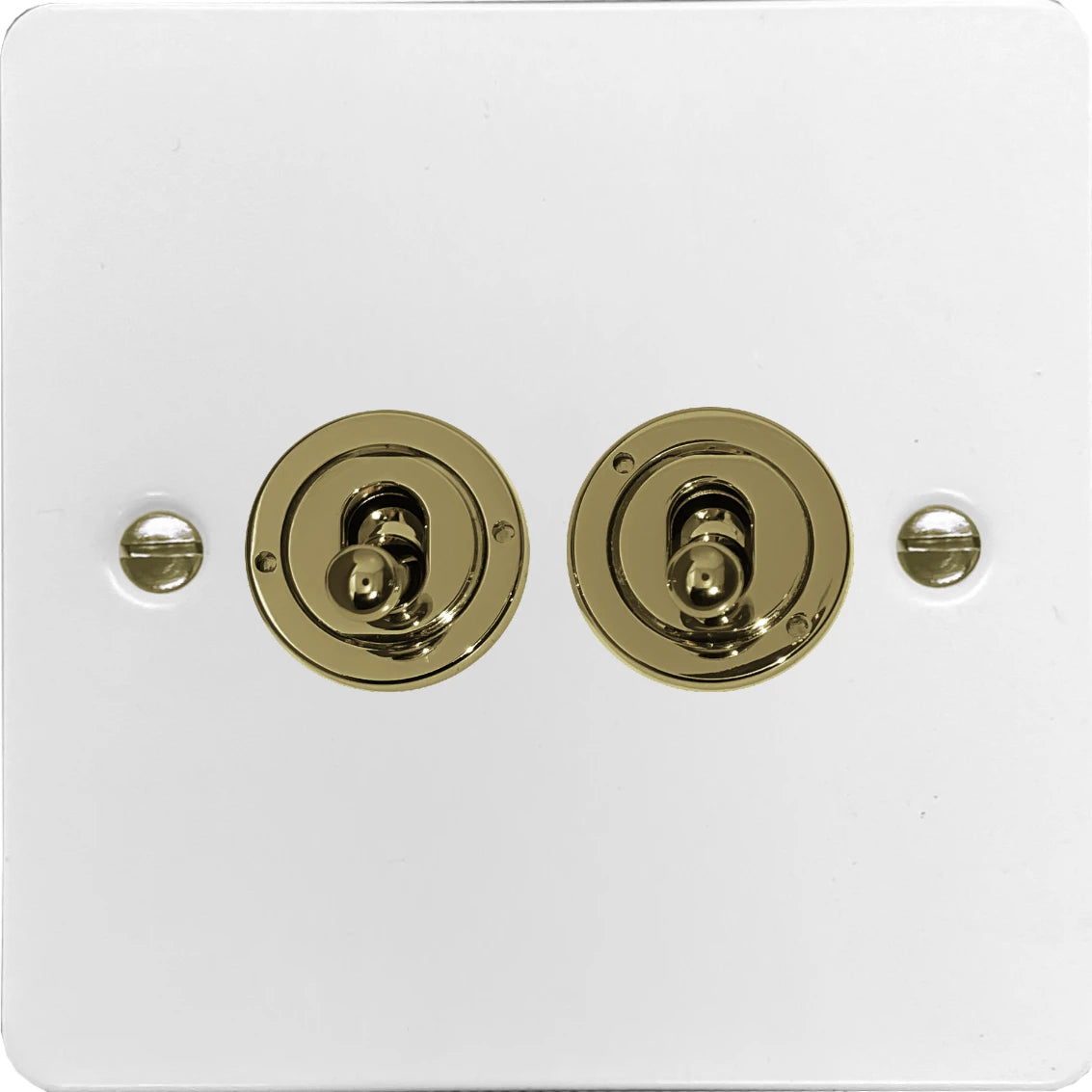 Flat White 2 Gang Toggle (Polished Brass Toggle)