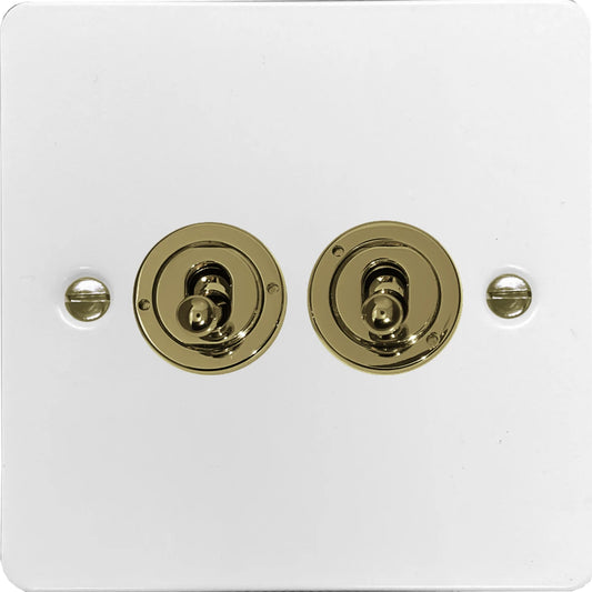 Flat White 2 Gang Toggle (Polished Brass Toggle)