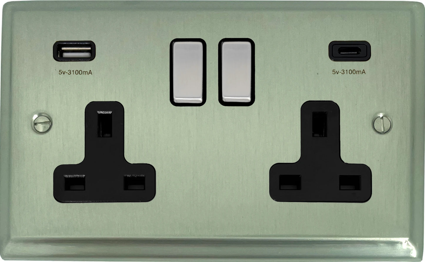 Deco Satin Nickel 2 Gang Socket C/W USBC