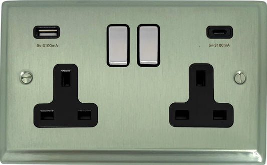 Deco Satin Nickel 2 Gang Socket C/W USBC