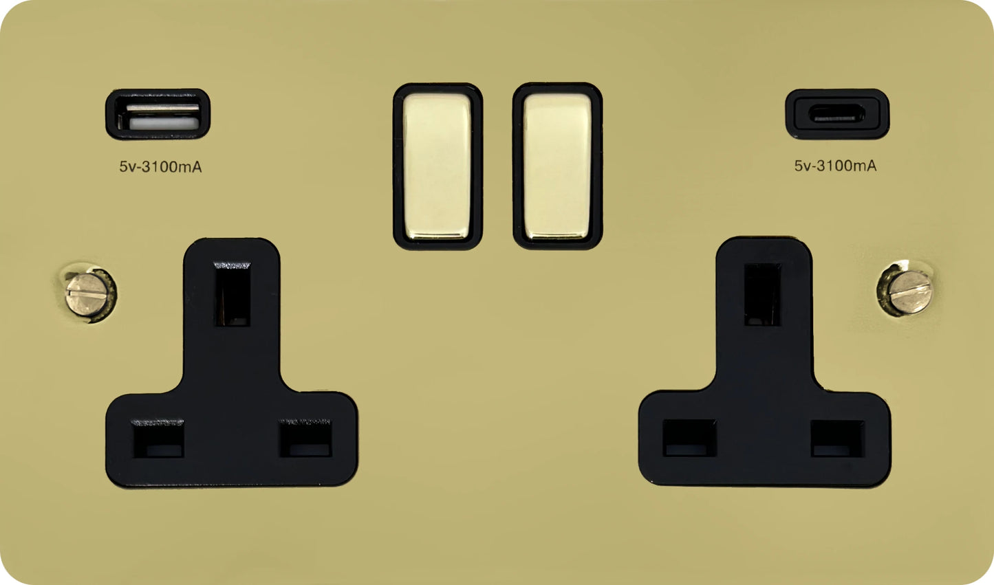 Flat Polished Brass 2 Gang Socket C/W USBC Ports