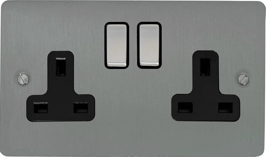 Flat  Brushed Steel  2 Gang Socket