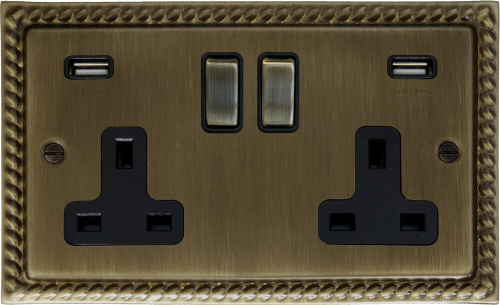 Georgian Antique Brass 2 Gang Usb Socket