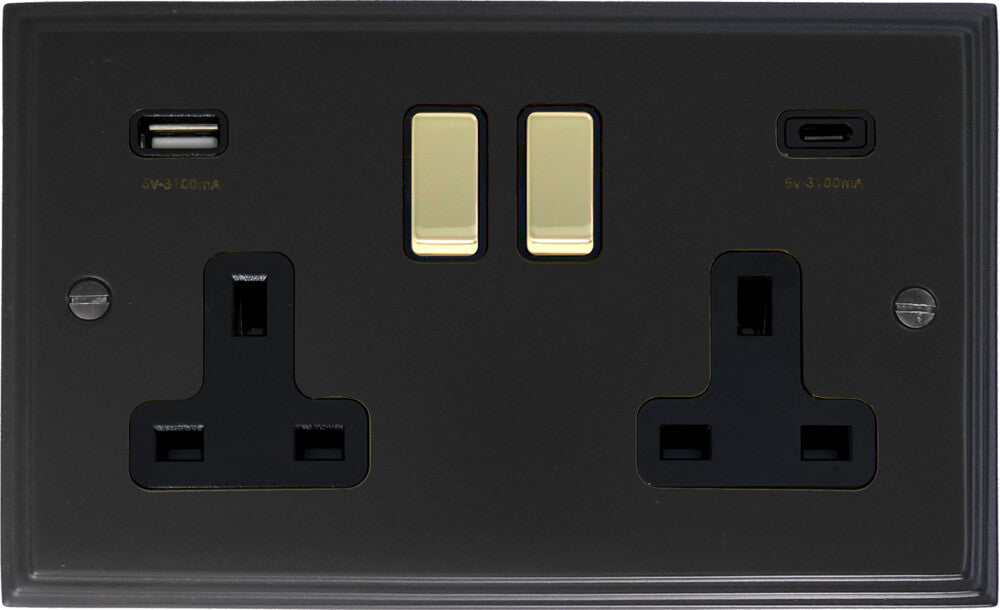 Victorian Flat Black 2 Gang Socket C/W USBC Ports
