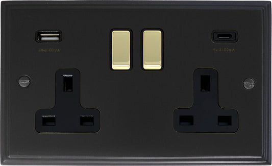 Victorian Flat Black 2 Gang Socket C/W USBC Ports