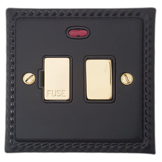 Georgian Flat Black Switch Fused Spur and Neon (Brass Switch)