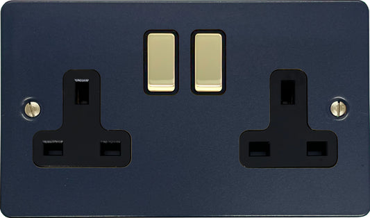 Flat Blue 2 Gang Socket (Polished Brass Switches/Black Inserts)