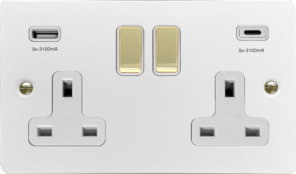 Flat White 2 Gang Socket C/W USBC Ports