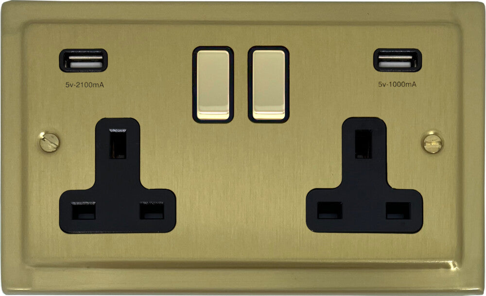 Victorian Satin Brass 2 Gang Socket C/W Usb Ports