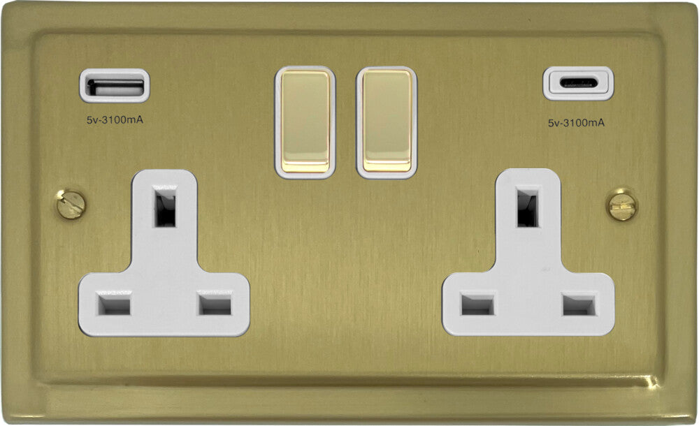 Victorian Satin Brass 2 Gang Socket C/W USBC Ports
