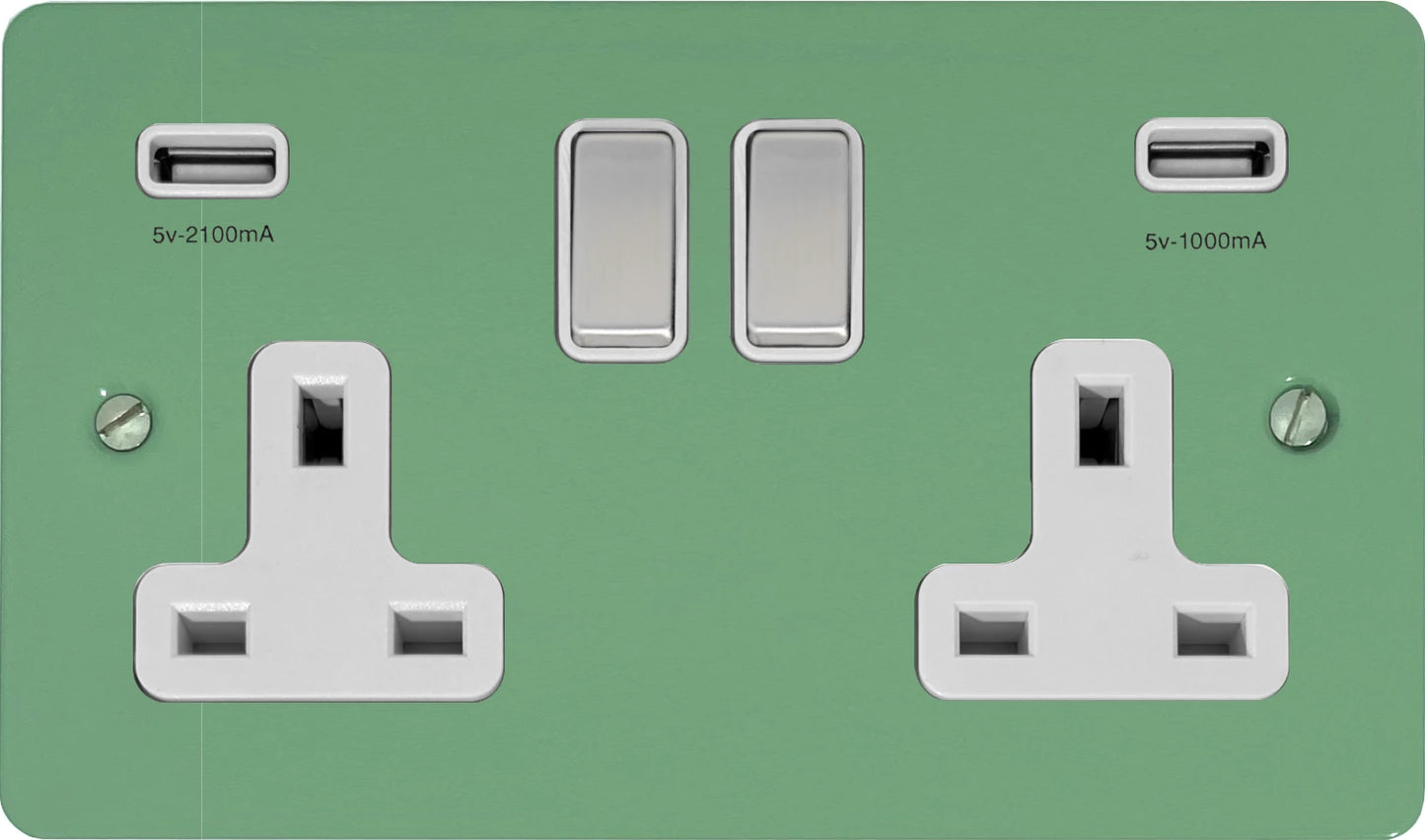 Flat Sage Green 2 Gang Socket with USB (Satin Chrome Switches/White Inserts)
