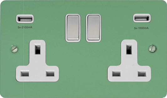 Flat Sage Green 2 Gang Socket with USB (Satin Chrome Switches/White Inserts)