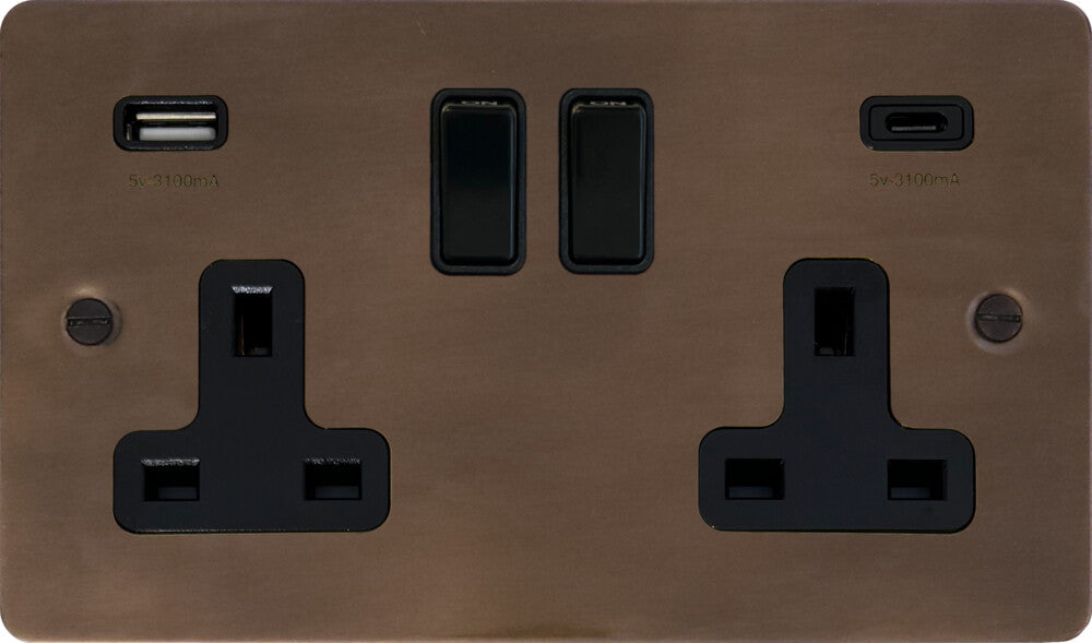 Flat  Medium Bronze  2 Gang Socket with USBC