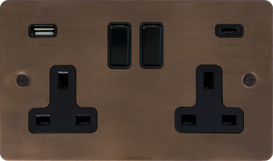Flat  Medium Bronze  2 Gang Socket with USBC