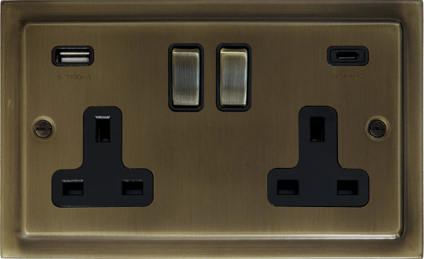 Victorian Antique Brass 2 Gang USBC Socket (Brass Switches)