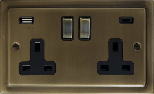 Victorian Antique Brass 2 Gang USBC Socket (Brass Switches)