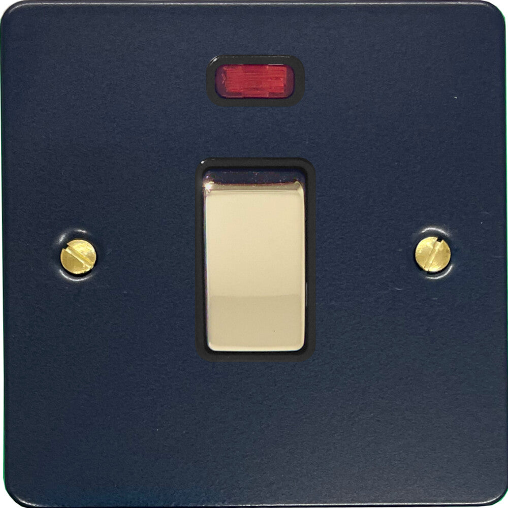 Flat Blue 20 Amp DP Switch and Neon (Polished Brass Switch/Black Insert)