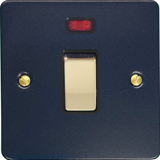 Flat Blue 20 Amp DP Switch and Neon (Polished Brass Switch/Black Insert)