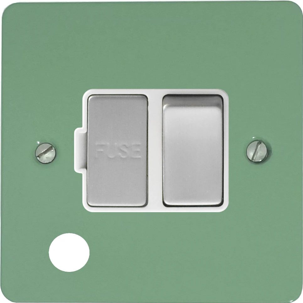 Flat Sage Green Switch Fuse Spur + Flex Outlet (Satin Chrome Switch/White Inserts)