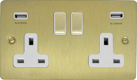 Flat Satin Brass 2 Gang Socket C/W Usb Ports
