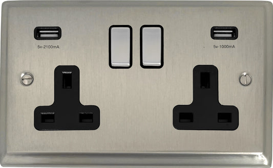 Deco Satin Nickel 2 Gang Socket C/W Usb