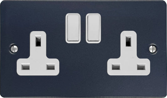 Flat Blue 2 Gang Socket (White Switches)